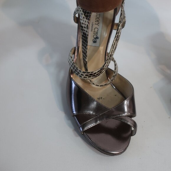 Authentic Jimmy Choo Pewter Python Suede Metallic Strap Ankle Zip Heels 39 US/9 - Picture 5 of 16